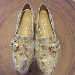Worn once, gold snakeskin loafer flats